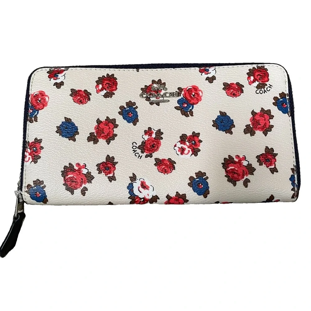 Coach Tea Rose Floral Accordion Wallet White Pebbled Leather Zip Around NEW